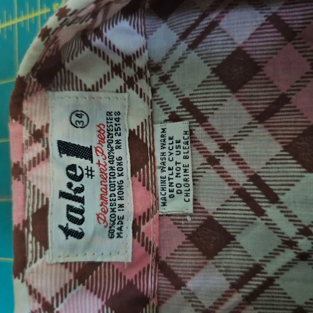 Vintage 1970s Pink Brown Plaid Sleeveless Button Down Shirt Pointed Collar - Picture 10 of 10